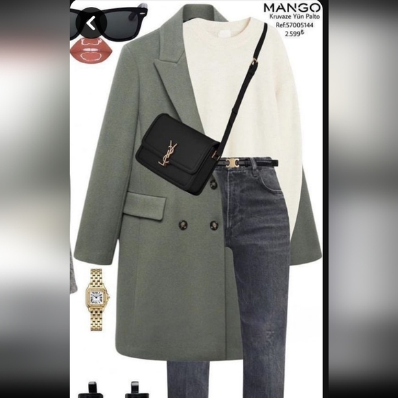 NWT Mango MNG Wool Blend Double Breasted Winter Coat Size M Green Womens Jacket - Picture 2 of 8